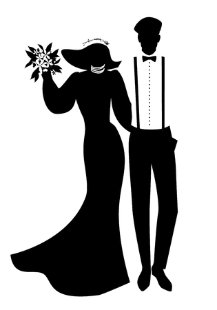 Silhouettes of newlyweds couple wearing wedding clothes. Wide-brimmed hat for her and beret, suspenders and bow tie for him.のイラスト素材