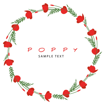 Wreath of stems, leaves and flowers of poppy isolated on white backgroundのイラスト素材