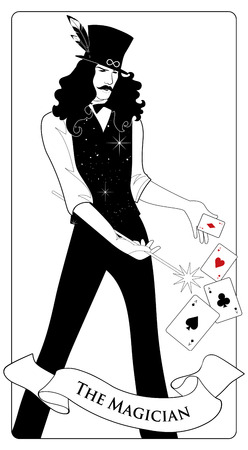 Major Arcana Tarot Cards. The Magician with mustache and top hat, holding a magic wand doing magic with playing cards.のイラスト素材