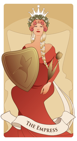 Major Arcana Tarot Cards. The Empress. Beautiful woman with long braids, pregnant, sitting on a throne with a crown of flowers and stars, holding a shield with a hummingbird on the front and golden scepter shaped like a tulip.のイラスト素材
