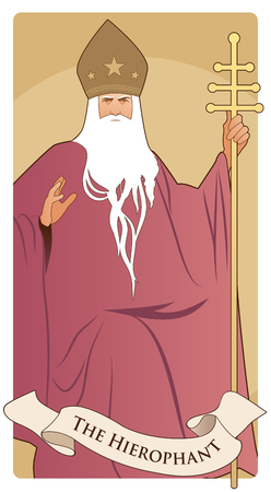 Major Arcana Tarot Cards. The Hierophant. Pope with white beard and miter with stars, holding a golden crosier, blessing with his right hand.のイラスト素材