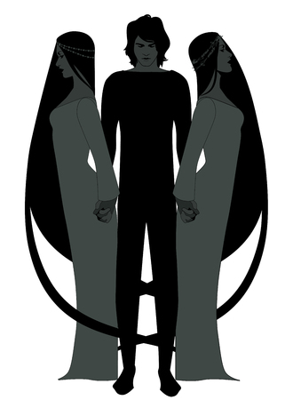 Silhouettes of young man holding two women by the hand isolated on white backgroundのイラスト素材