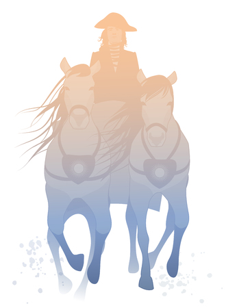 Silhouette of chariot pulled by two horses and driven by an coachman wearing old hat isolated on white backgroundのイラスト素材
