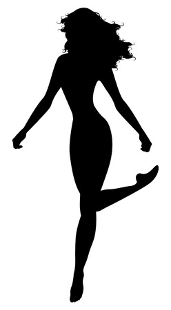 Silhouette of dancer girl, with long hair, jumping and dancing isolated on white backgroundのイラスト素材