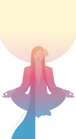 Silhouette of girl meditating in lotus position and full moon in the background. Isolated on white backgroundのイラスト素材