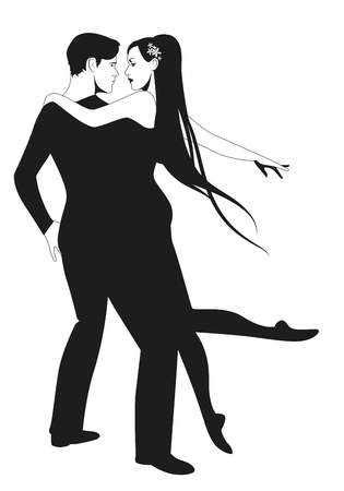 Beautiful couple of dancers holding each other. Girl with long hair and dancing clothes hugging her partner isolated on white backgroundのイラスト素材