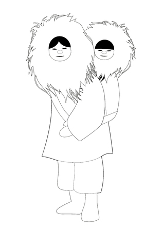 Eskimo mother with son behind her back, wearing fur clothes, isolated on white backgroundのイラスト素材