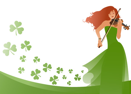 Beautiful violinist playing violin isolated on white background, surrounded by clovers. Blank space for text or designのイラスト素材