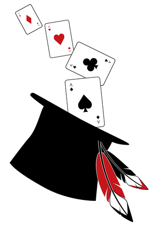 Top hat with feathers, from which come the aces of the poker deck, isolated on white backgroundのイラスト素材