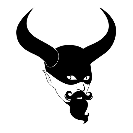 Head of man with mustache and goatee and mask with horns. Demon costume. Isolated on white backgroundのイラスト素材