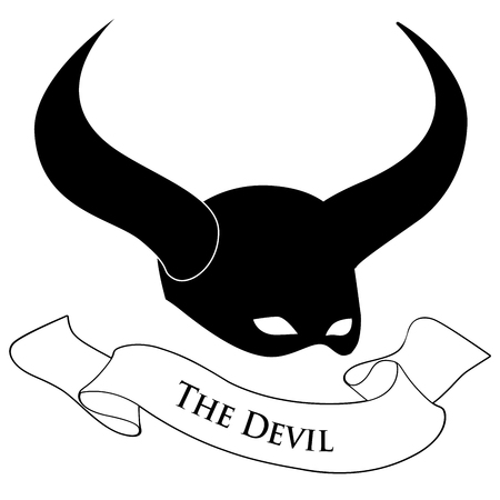 Tarot Card Concept. Devil. Mask with horns. Devil costume and text banner isolated on white background.のイラスト素材