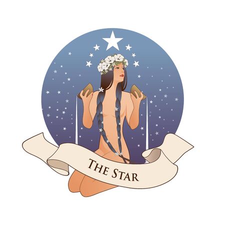 Major Arcana Emblem Tarot Card. The Star. Beautiful girl naked under stars, pouring water from two golden bowls, isolated on white backgroundのイラスト素材