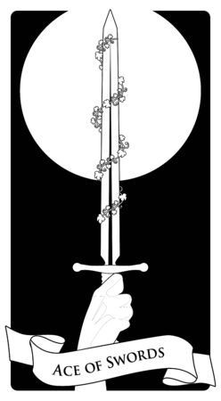 Aces of Tarot Cards. Swords. Hand holding a sword surrounded by leaves on black backgroundのイラスト素材