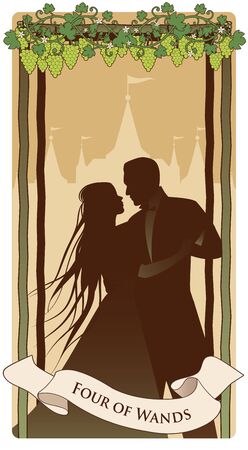 Four of wands. Tarot cards. Silhouette of young couple dancing under grapevine on four sticks. Palace in the background.のイラスト素材