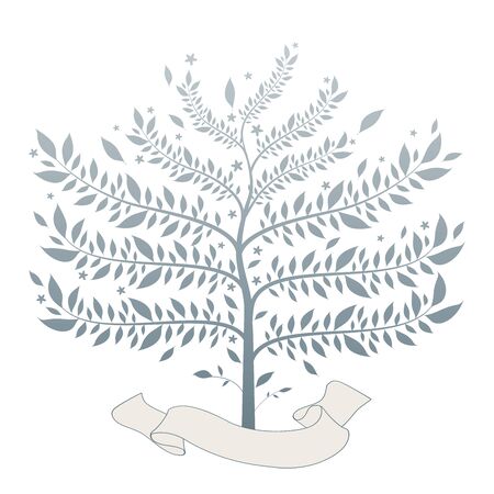 Stylized tree with text banner at the base of the trunk, isolated on white backgroundのイラスト素材