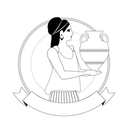 Woman wearing clothes and earrings in the style of ancient Greece carrying an amphora in an ornamental circle, isolated on white background.のイラスト素材
