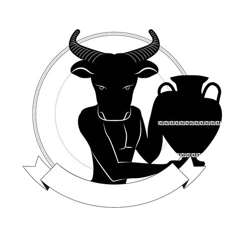 Black figure of man with head of bull carrying an amphora in an ornamental circle, isolated on white background.のイラスト素材