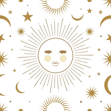 Moon, sun and stars, seamless ornamental patternのイラスト素材