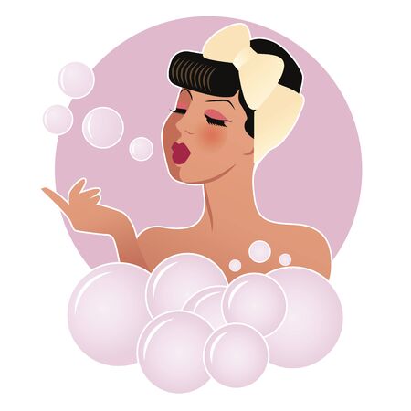 Beautiful girl taking a bath with foam and bubbles. Retro cartoon style isolated on white backgroundのイラスト素材