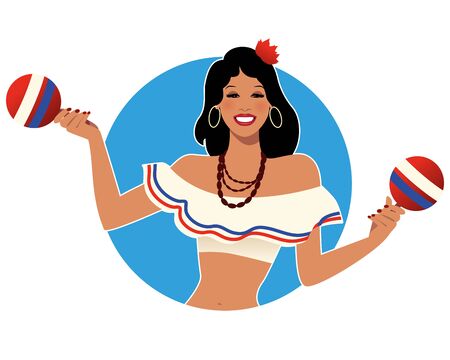 Beautiful latin girl playing maracas isolated on white background. Retro styleのイラスト素材