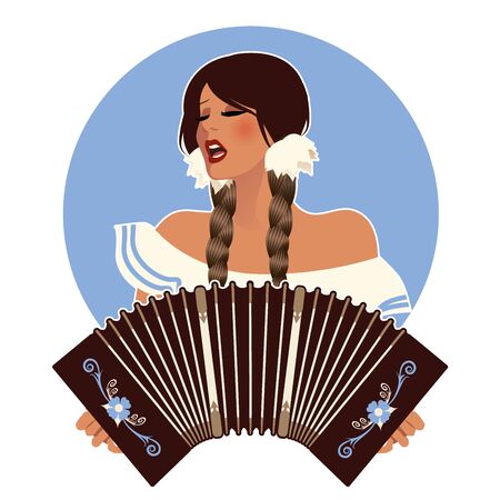 Beautiful latin girl wearing braids, singing and playing an accordion or bandoneonのイラスト素材