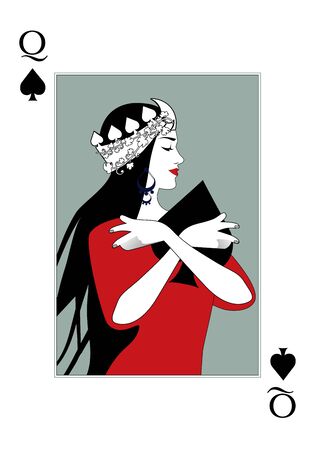 Queen of Spades wearing a crown surrounded by leaves, hugging a spade. Poker cardのイラスト素材