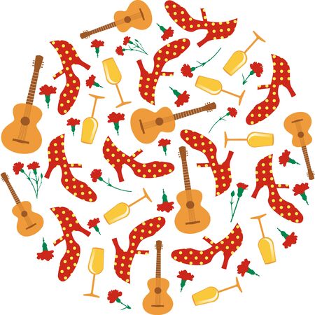 Spanish fair. Circular pattern of flamenco shoes, Spanish guitar, red carnations and wine glasses on white backgroundのイラスト素材