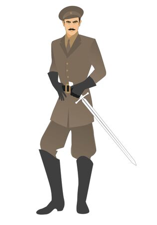 Elegant man with mustache, carrying sword and military clothes in retro style, isolated on white backgroundのイラスト素材