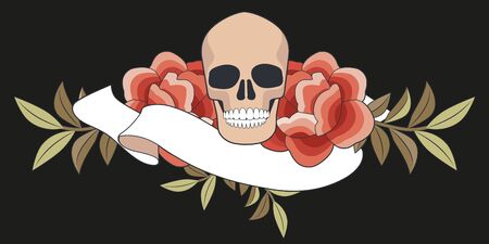 Flowers inspired by the embroidery of the oriental shawls, skull and blank banner for textのイラスト素材