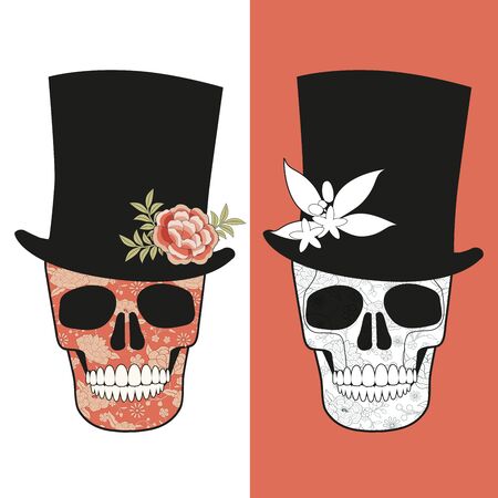 Skulls decorated with floral pattern, wearing top hats adorned with flowersのイラスト素材