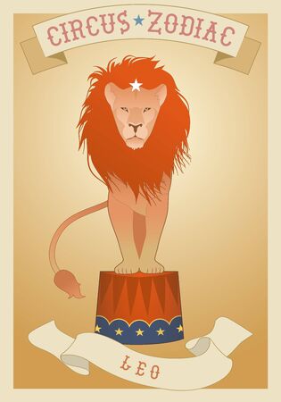 Zodiac Circus. Leo sign. Circus lion showing off on a standのイラスト素材