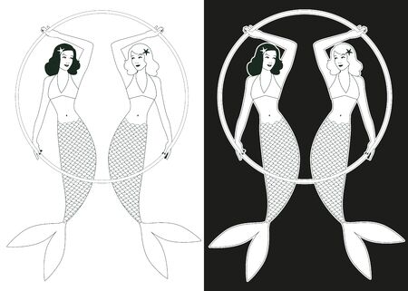 Two beautiful twin mermaids retro pin-up style, holding a hoop, isolated on white background and black backgroundのイラスト素材