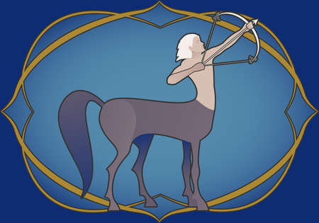 Zodiac Sign. Sagittarius. Centaur armed with a bow shooting an arrow inside in an ornamental frame. Medieval style.のイラスト素材
