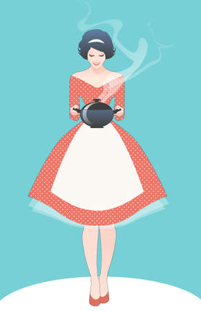Beautiful housewife dressed in the style of the 50s in a polka dot dress, carrying a steaming potのイラスト素材