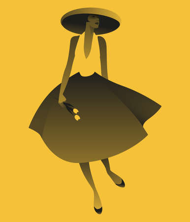 Elegant girl dressed in the style of the 50s, wearing a hat and a bouquet of tulipsのイラスト素材
