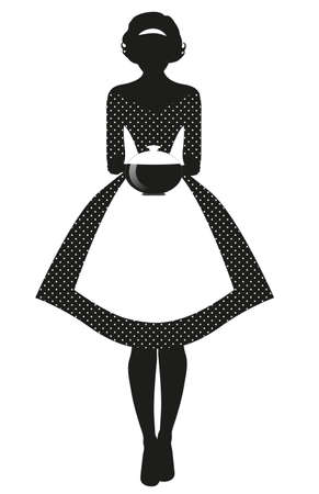 Silhouette of housewife dressed in the style of the 50s in a polka dot dress, carrying a steaming pot isolated on white backgroundのイラスト素材