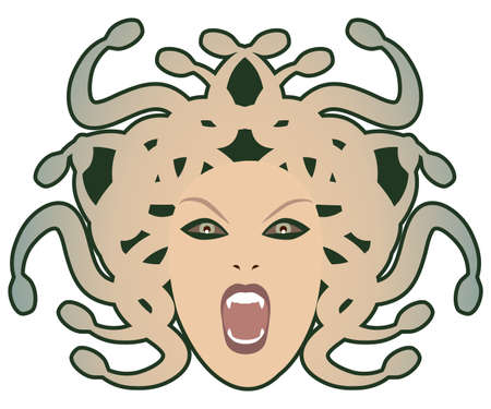 Head of Medusa. Mythological creature with human appearance and hair of snakes, isolated on white backgroundのイラスト素材