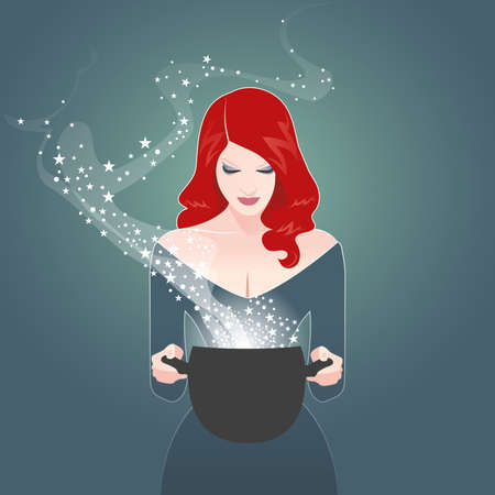 Beautiful retro styled red-haired girl holding a magic cauldron. Vintage witch casting a spellのイラスト素材