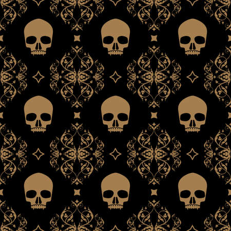 Decorative floral seamless pattern in vintage gothic style vector with skullsのイラスト素材