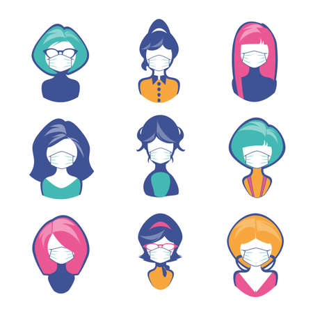 Avatars or icons of women retro cartoon style with face mask, isolated on white backgroundのイラスト素材