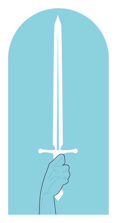 Illustration of sacred and symbolic imagery. Hand holding a sword. Mythological, epic, religious, magical and esoteric symbolのイラスト素材