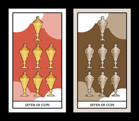 Seven of cups. Tarot cards. Seven cups with a lid, golden and shiny on a cloud backgroundのイラスト素材