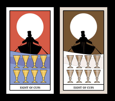 Eight of cups. Tarot cards. Boat silhouette on the waves, in which a man with a hat is rowing, moving away on the horizon. Eight golden cups in the foregroundのイラスト素材