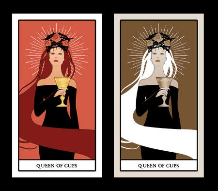 Queen of Cups with crown, roses and thorns, holding a golden cup. Minor arcana Tarot cards. Spanish playing cards.のイラスト素材