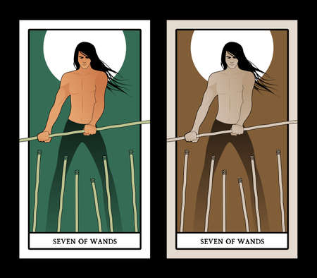 Seven of wands. Tarot cards. Long-haired young man, holding a wand fighting six lower sticksのイラスト素材