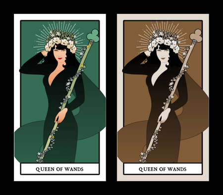 Queen of Wands with flowers crown, holding a rod surrounded by a garland of leaves and flowers. Minor arcana Tarot cards. Spanish playing cardsのイラスト素材
