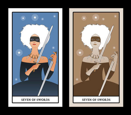 Seven of swords. Impish courtesan. wearing mask and necklace composed of five daggers, grabbing two swordsのイラスト素材