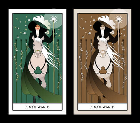 Six of wands. Tarot cards. Elegant lady on horseback, holding a wand with a luminous star and flanked by five wands surrounded by flowers and leavesのイラスト素材