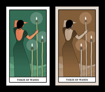 Three of wands. Tarot cards. Woman on her back, looking away, in the sea with three torches on sticksのイラスト素材