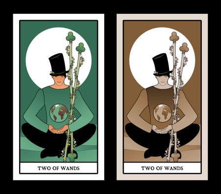 Two of wands. Tarot cards. Young man sitting, wearing hat looking at a globe.のイラスト素材